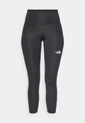 Schwarze Leggings mit hoher Taille aus dehnbarem Stoff. Auf dem linken Oberschenkel befindet sich ein weißes Logo, und flache Nähte sorgen für Komfort.