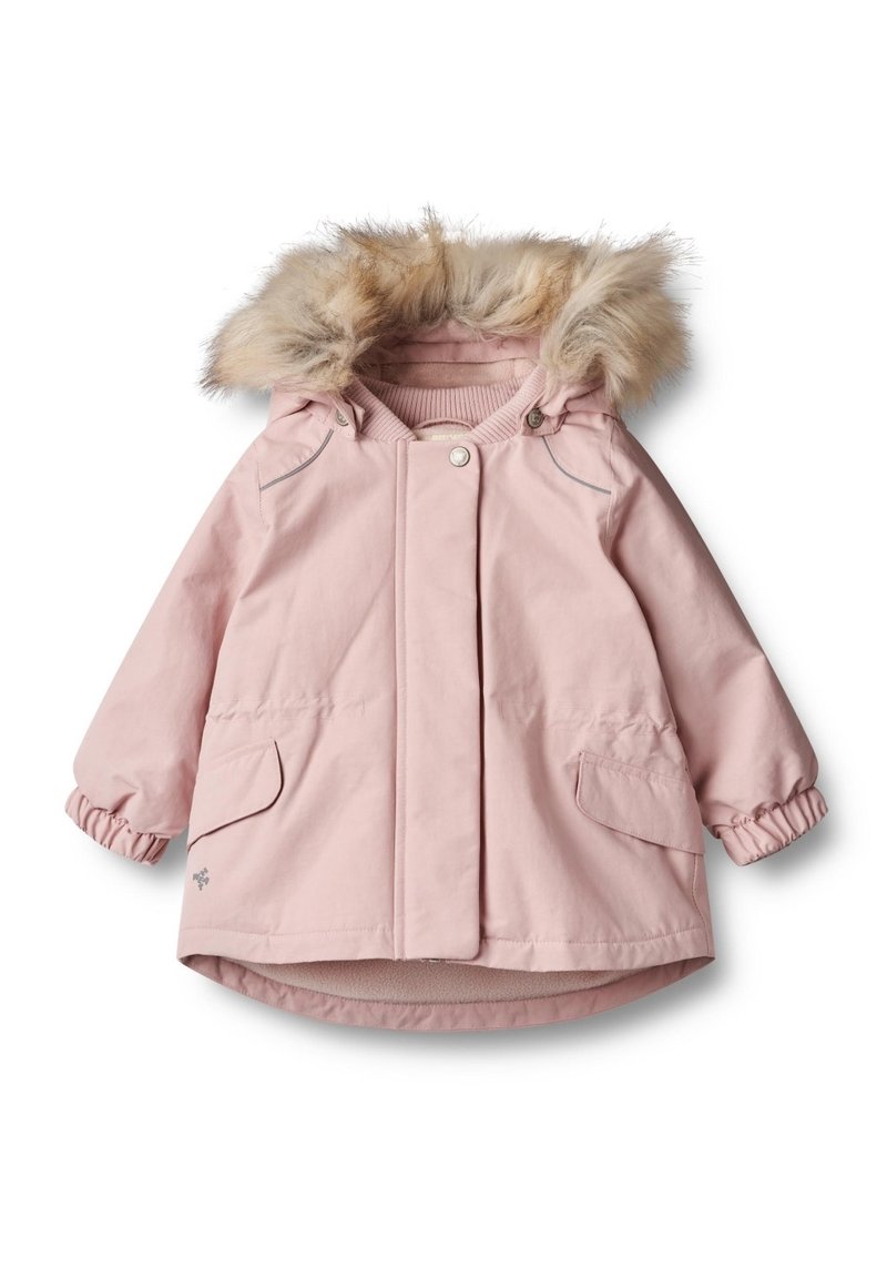 Helles rosa Parka mit einer Kapuze aus Kunstpelz, elastischen Bündchen, zwei Vordertaschen und einem geraden Schnitt. Hergestellt aus weichem, wasserabweisendem Material.