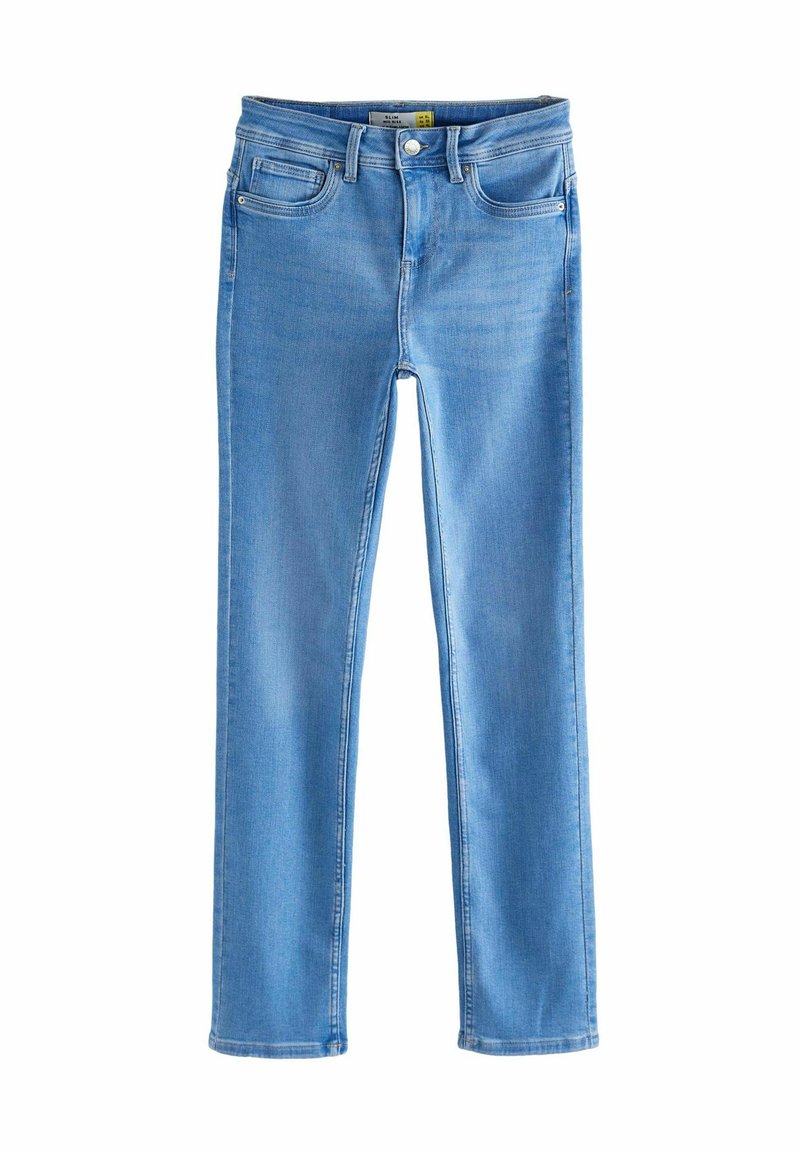 Hellblaue, schmal geschnittene Jeans mit mittelhohem Bund, vorderem Knopf und Taschen, auf einem weißen Hintergrund präsentiert.