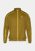 Olivengrüne Zip-Hoodie-Jacke mit gelben Akzenten, hohem Kragen, gerippten Bündchen und einem kleinen Logo auf der Brust.