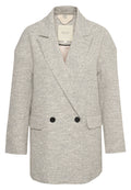 Grau gestreifter Blazer mit Reverskragen, doppelt geknöpftem Design, zwei schwarzen Knöpfen und zwei vorderen Taschen. Strukturiertes Stofffinish.