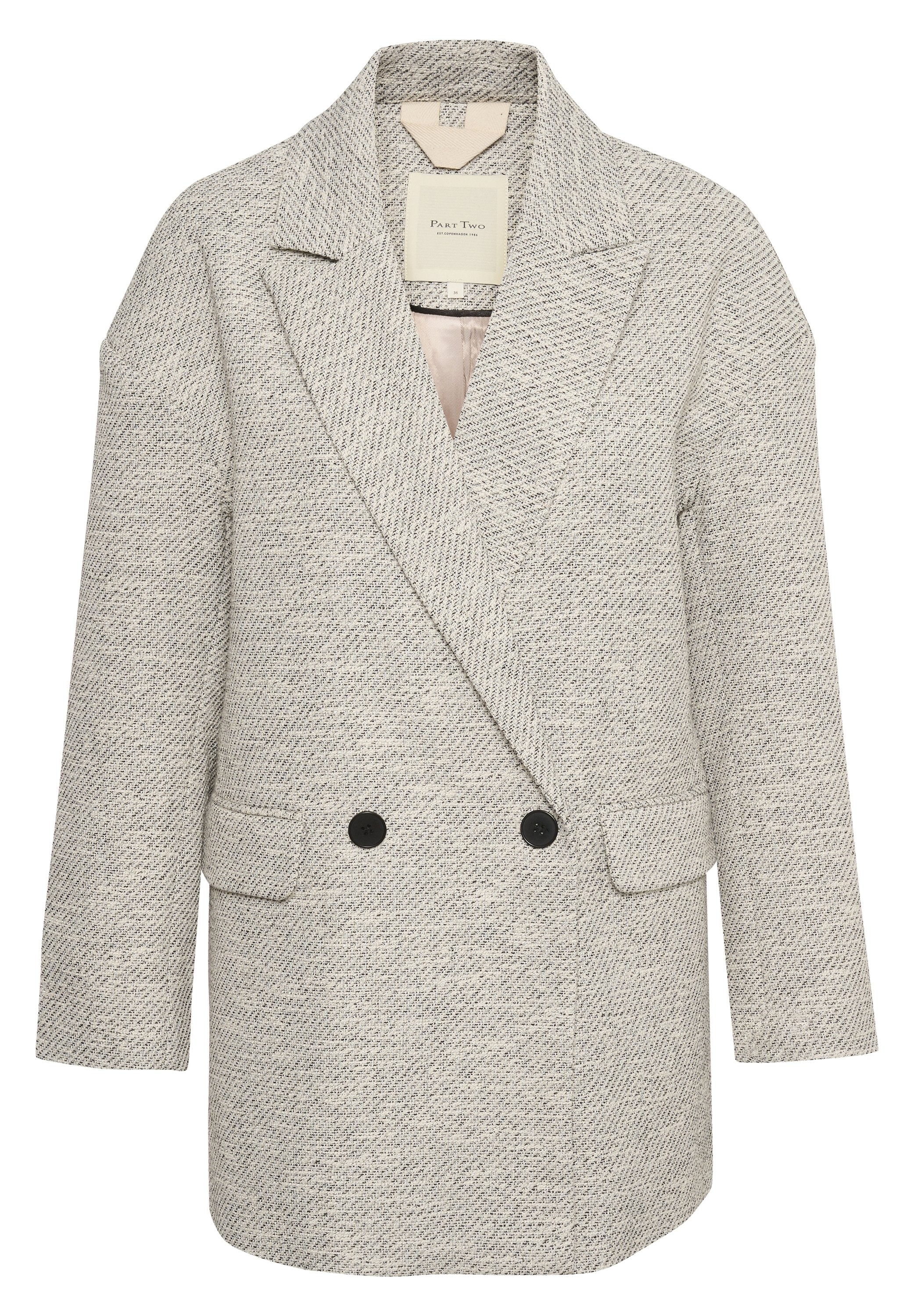 Grau gestreifter Blazer mit Reverskragen, doppelt geknöpftem Design, zwei schwarzen Knöpfen und zwei vorderen Taschen. Strukturiertes Stofffinish.