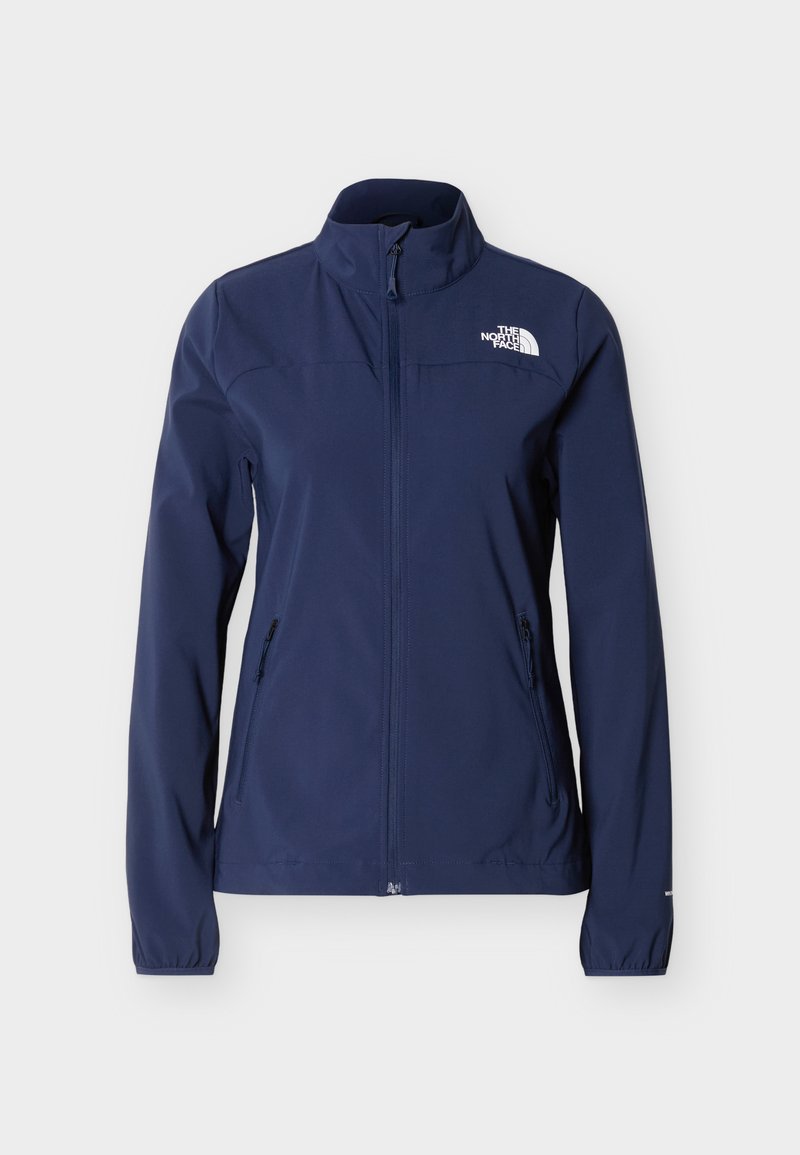 Damen-Jacke in Marineblau mit Reißverschluss, hohem Kragen, langen Ärmeln, seitlichen Reißverschlusstaschen und dem The North Face-Logo auf der Brust.