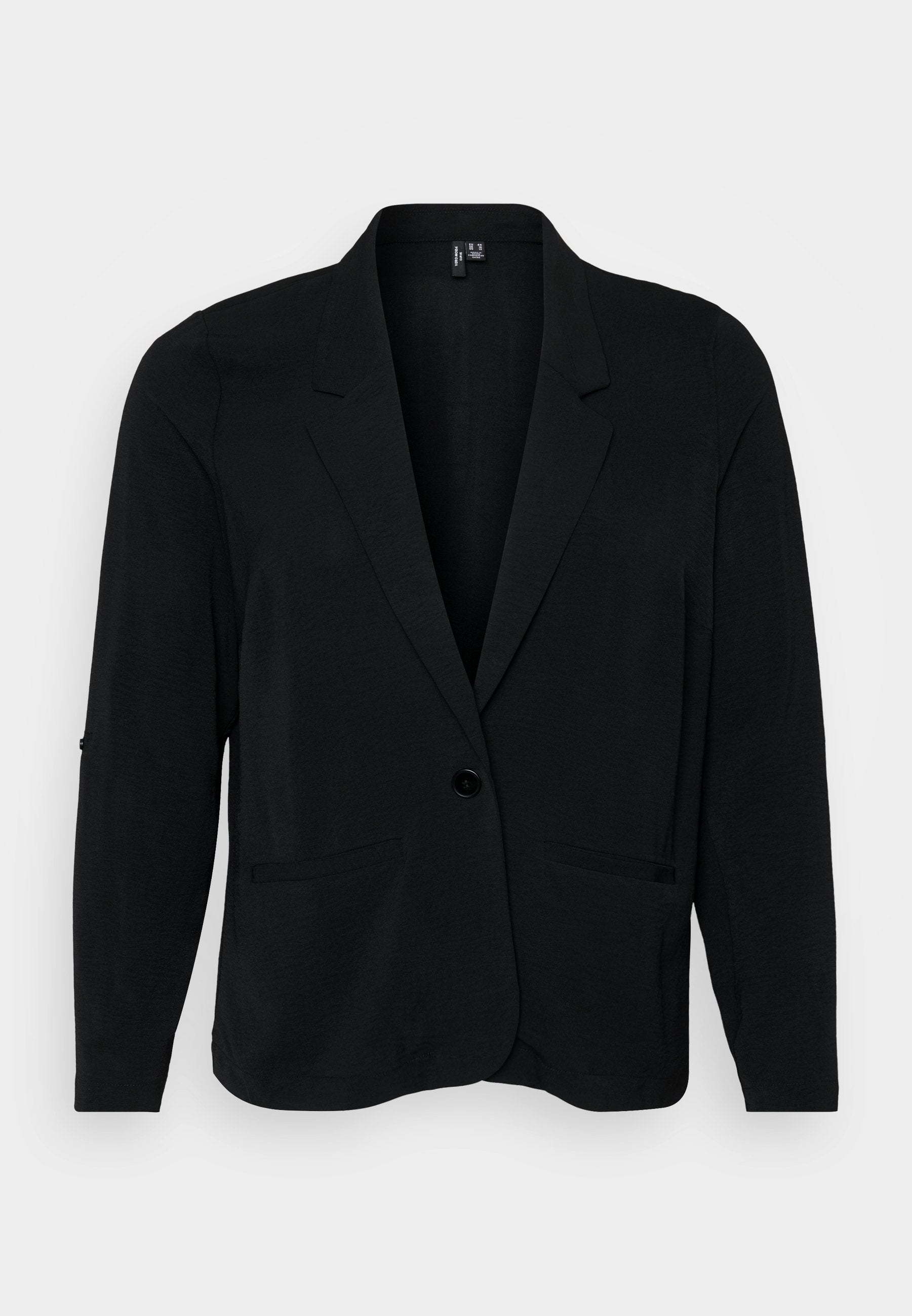 Schwarzer Blazer aus strukturiertem Stoff, mit Reverskragen, einer Knopfverschluss und zwei vorderen Taschen. Lässige Passform mit langen Ärmeln.
