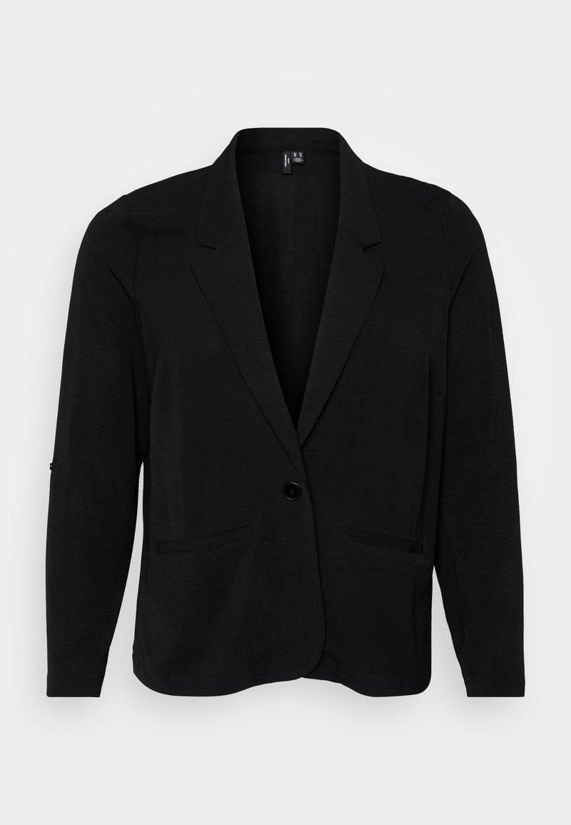 Schwarzer Blazer aus strukturiertem Stoff, mit Reverskragen, einer Knopfverschluss und zwei vorderen Taschen. Lässige Passform mit langen Ärmeln.
