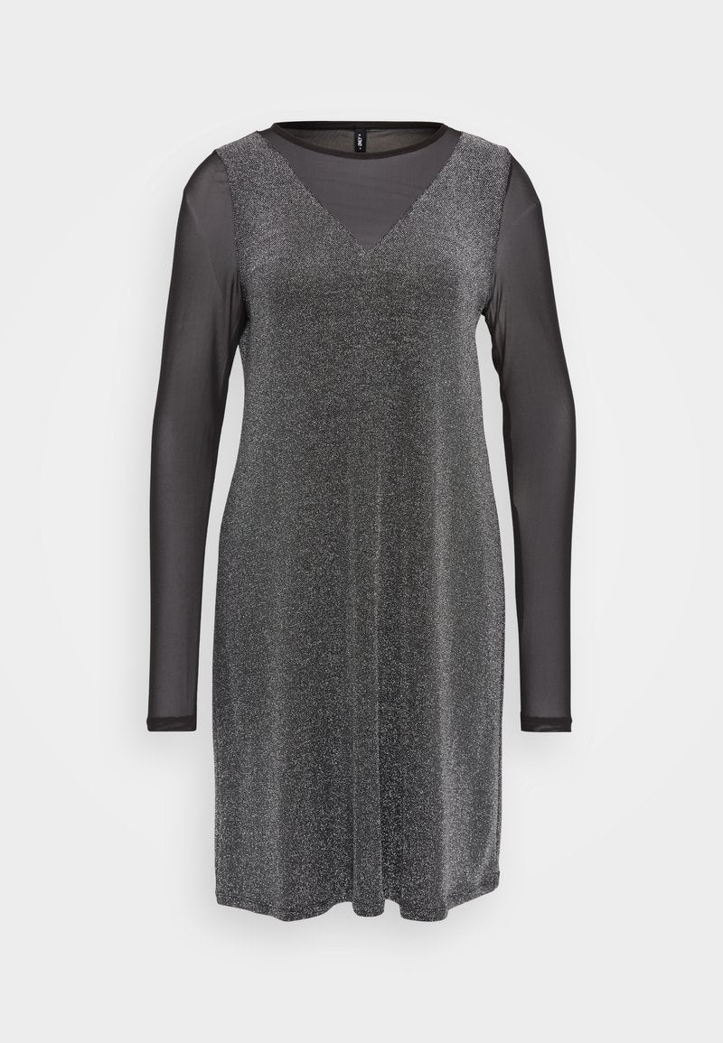 Schwarzes Kleid mit langen, transparenten Ärmeln, das über einen V-Ausschnitt und einen glitzernden schwarzen Oberkörper mit glatter Textur verfügt. Geeignet für formelle Anlässe.