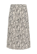 Ein knielanger Rock aus cremigem Stoff mit einem schwarzen Paisleymuster, einer glatten Textur und einer geraden Silhouette.