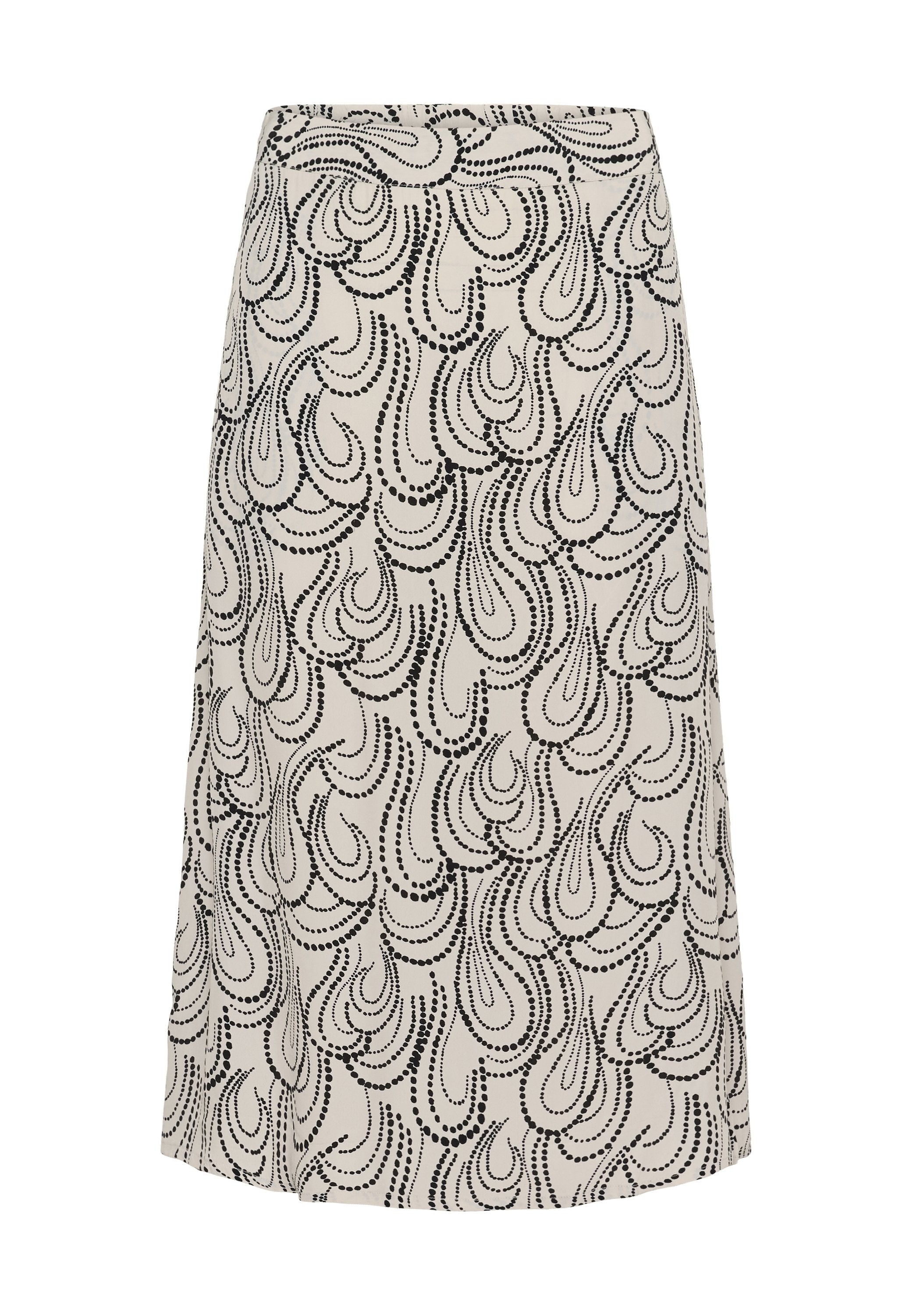 Ein knielanger Rock aus cremigem Stoff mit einem schwarzen Paisleymuster, einer glatten Textur und einer geraden Silhouette.