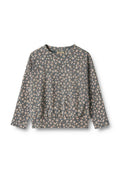Blumiger Sweatshirt aus grauem Stoff mit langen Ärmeln, rundem Halsausschnitt und gerafftem Saum; mit kleinen, cremefarbenen Blumenmustern.