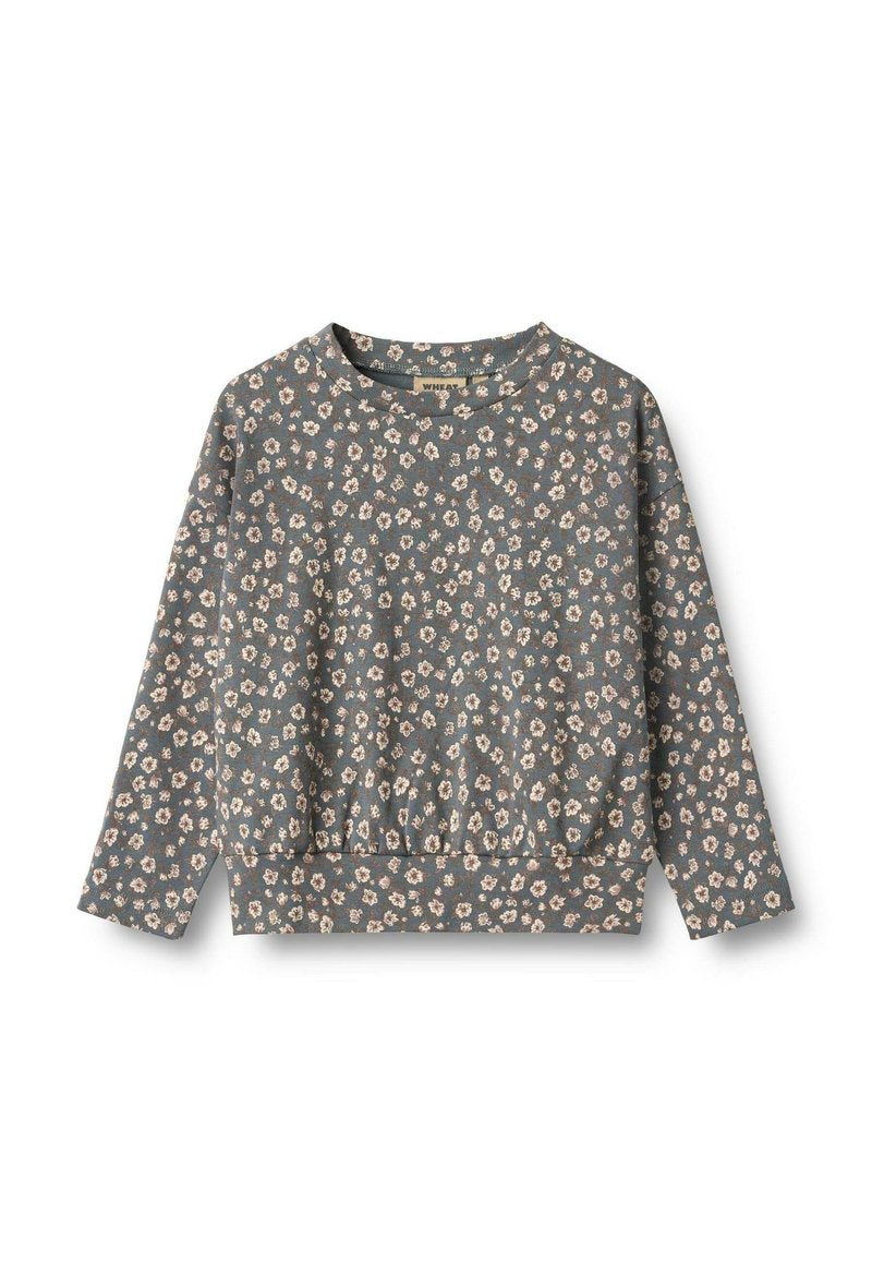 Blumiger Sweatshirt aus grauem Stoff mit langen Ärmeln, rundem Halsausschnitt und gerafftem Saum; mit kleinen, cremefarbenen Blumenmustern.