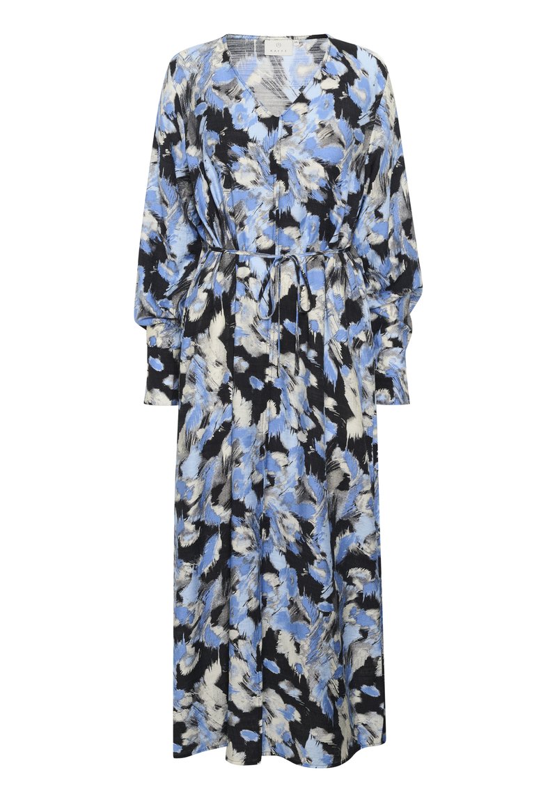 Langes Blumenkleid in Blau, Schwarz und Weiß. Mit V-Ausschnitt, langen Ärmeln und einem verstellbaren Kordelzug in der Taille. Leichter Stoff.