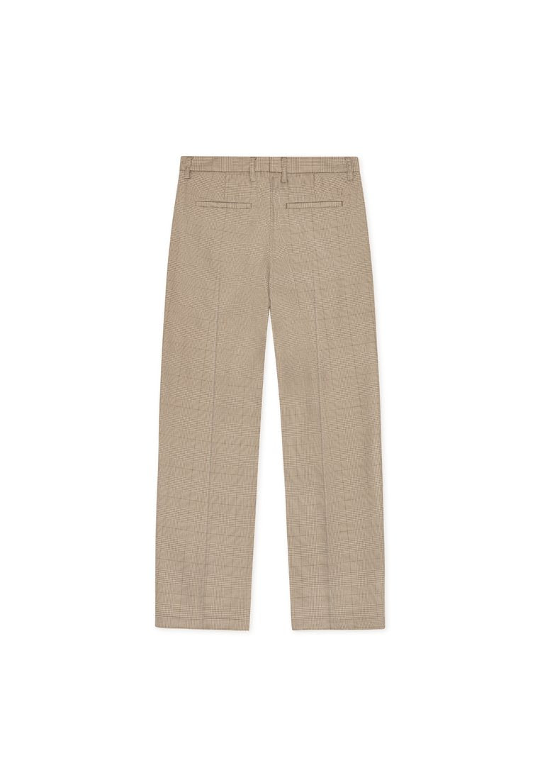Beige karierte Hose mit geradem Schnitt, zwei Gesäßtaschen und glatter Textur. Maßgeschneidertes Design mit dezentem Muster.