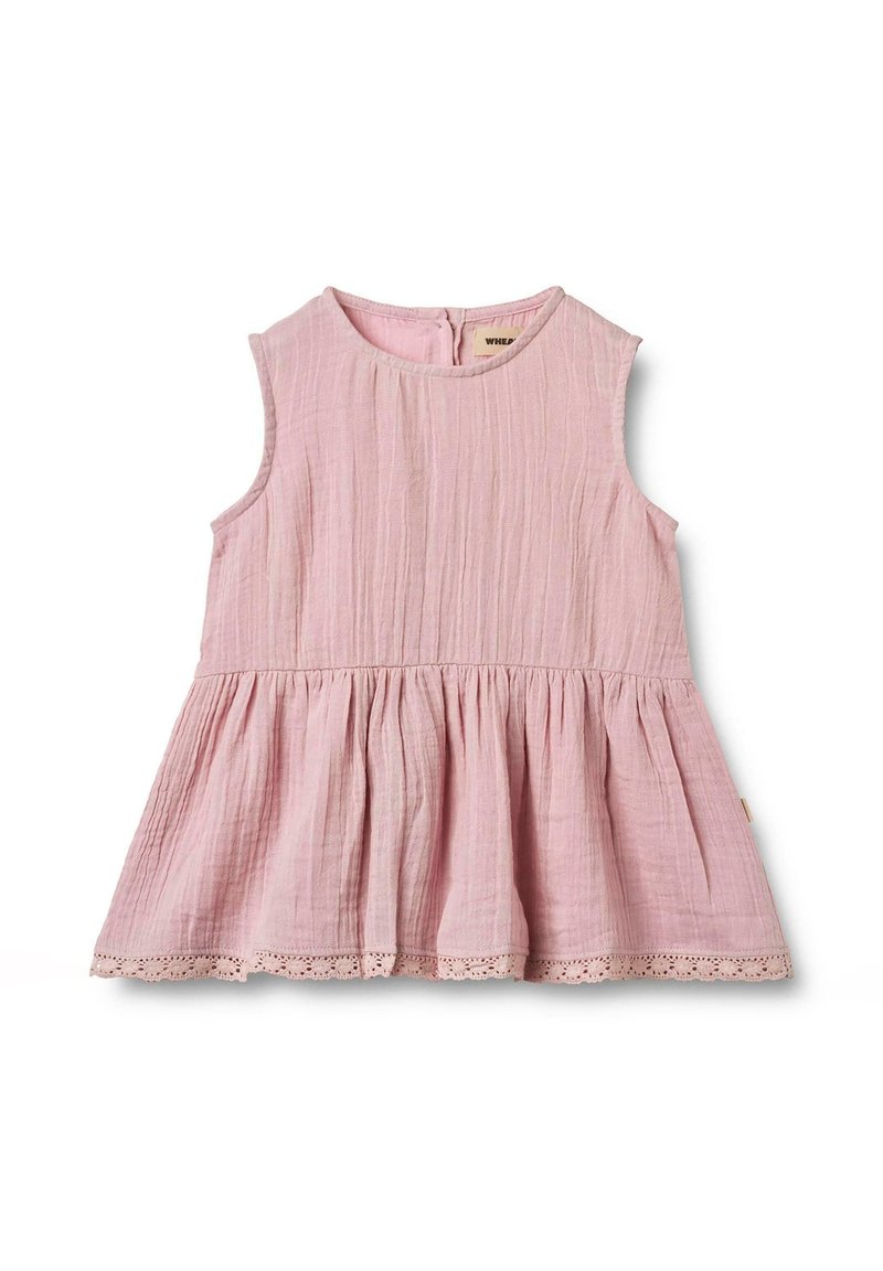 Helles rosa ärmelloses Kleid aus strukturiertem Material. Verfügt über einen ausgestellten Rock und Spitzenbesatz am Saum. Mit Reißverschluss auf der Rückseite.
