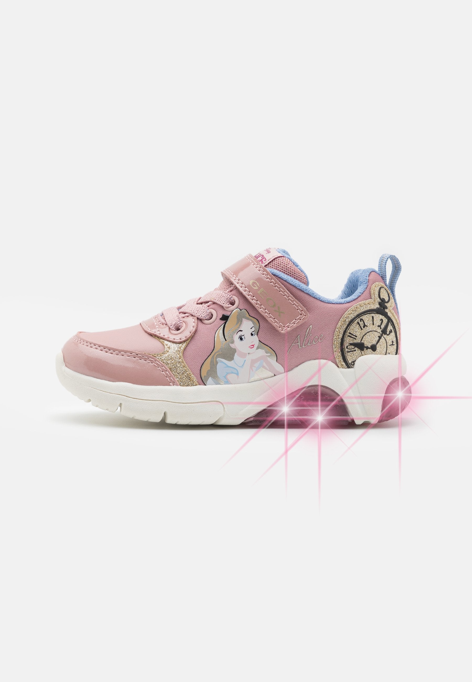 Rosa Kindersneaker mit glänzendem Obermaterial, Glitzerakzenten und einem Prinzessinnenmotiv. Verfügt über einen Klettverschluss und eine strukturierte Gummisohle.