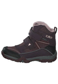 Lila, wasserdichte Wanderschuhe mit schwarzen Akzenten, doppelten Klettverschlussriemen, einem strukturierten Stoff und einer robusten, gemusterten Gummisohle.