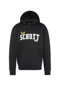 Schwarzer Kapuzenpullover mit Kängurutasche, weißen "SCHOTT"-Schriftzug und gelbem Adler-Print, aus weichem Stoff gefertigt.