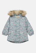 Blumige Außenjacke in Hellblau, mit einer gefütterten Kapuze aus Kunstfell, elastischen Bündchen und zwei vorderen Taschen mit Druckknopfverschluss.