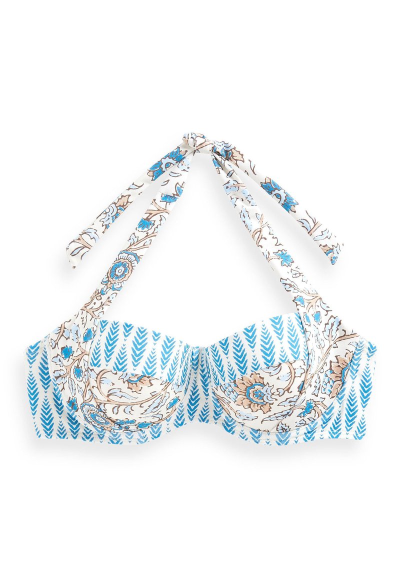 Bikini-Oberteil mit strukturierten Cups, Blumenmuster in Blau und Braun auf weißem Hintergrund, verstellbare Bindebänder am Hals und Rücken, glattes Material.