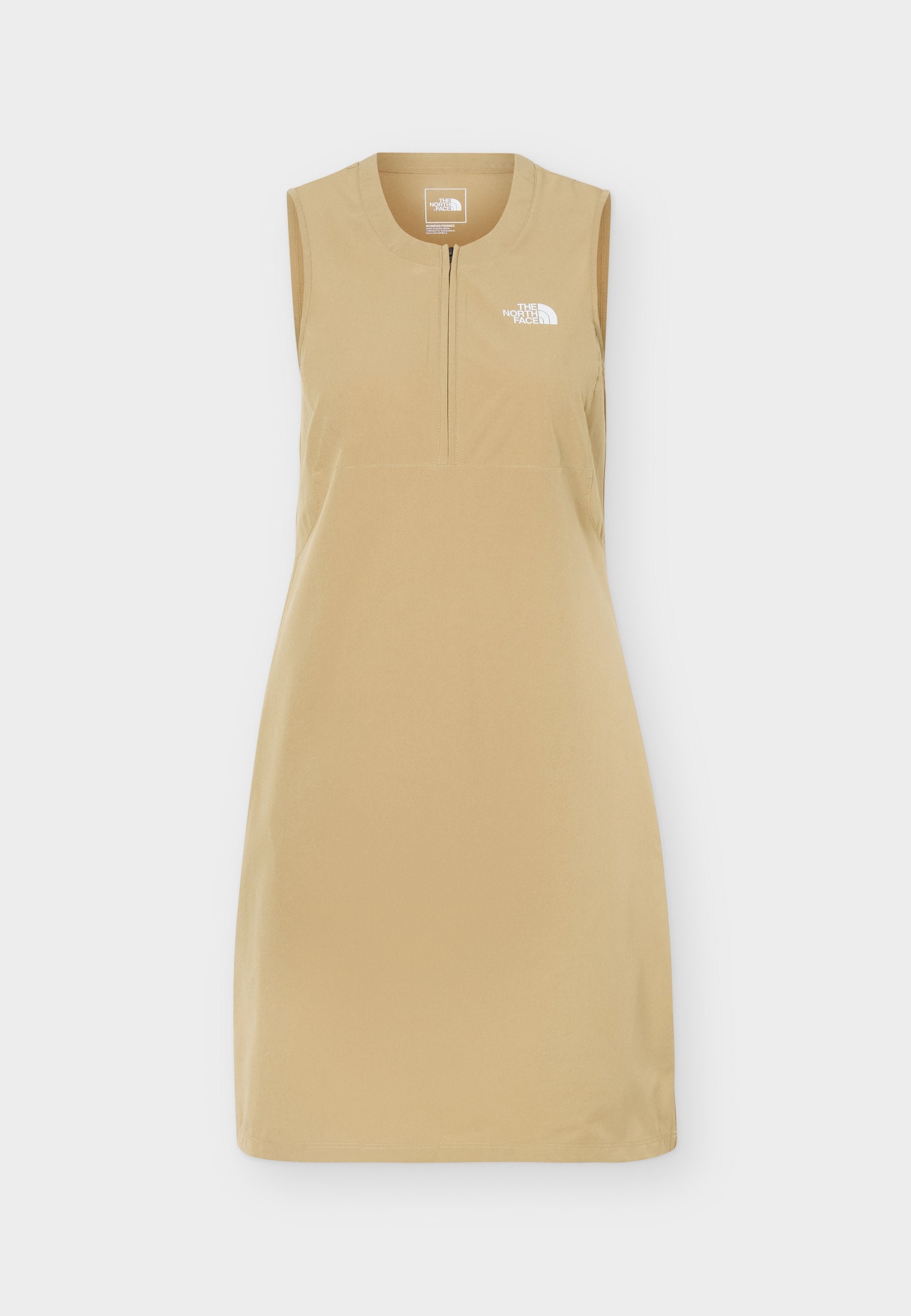 Ärmelloses hellbeiges Kleid mit Frontreißverschluss und weißem The North Face-Logo auf der Brust, entworfen für Freizeit- oder Outdoor-Bekleidung.