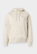 Hoodie in Cremefarbe aus weicher Baumwolle. Verfügt über eine Kängurutasche, eine Kapuze mit Kordelzug und ein kleines Logo auf der Brust. Gerippte Bündchen an Ärmel und Saum.
