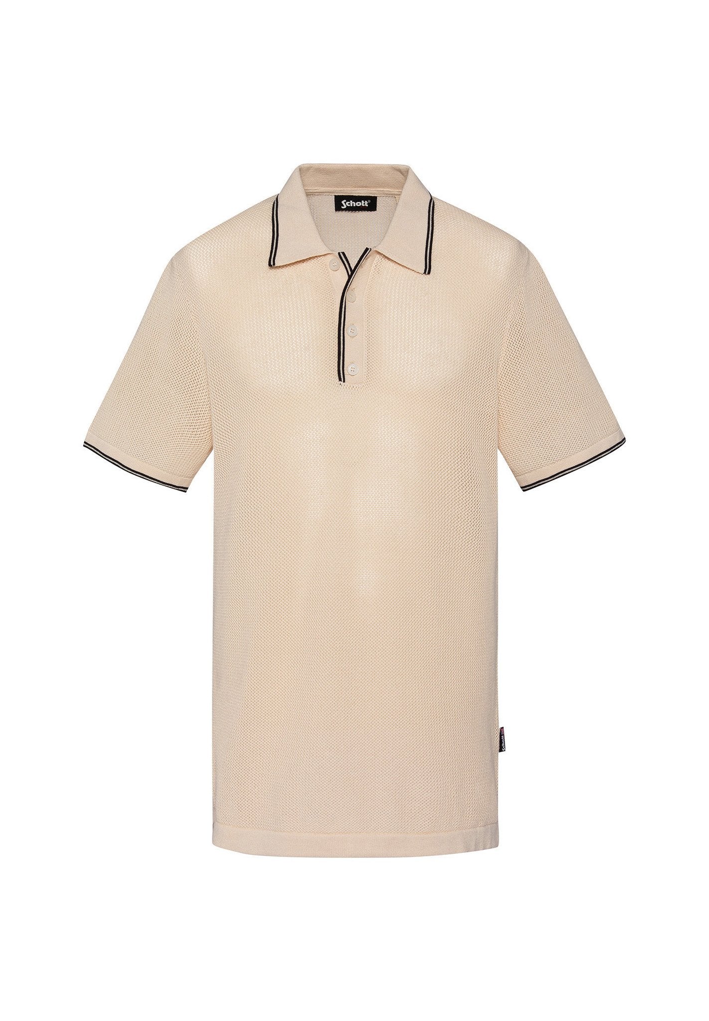 Beige Polohemd mit Netzstruktur, schwarzen Akzenten am Kragen und an den Ärmeln, einer Knopfleiste mit fünf Knöpfen und einem Markenetikett am Saum.