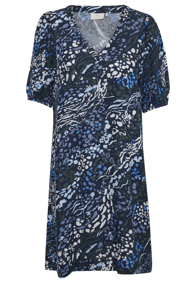 Blumendruckkleid mit marineblauem Grundton und blauen, grünen und weißen Mustern; V-Ausschnitt, kurze Puffärmel und lockere Passform.