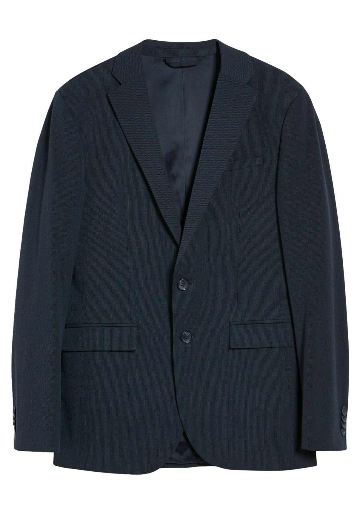 Dunkelblaues Blazer aus strukturiertem Stoff, mit Reverskragen, Zwei-Knopf-Verschluss und zwei Vordertaschen sowie einer einzelnen Brusttasche.