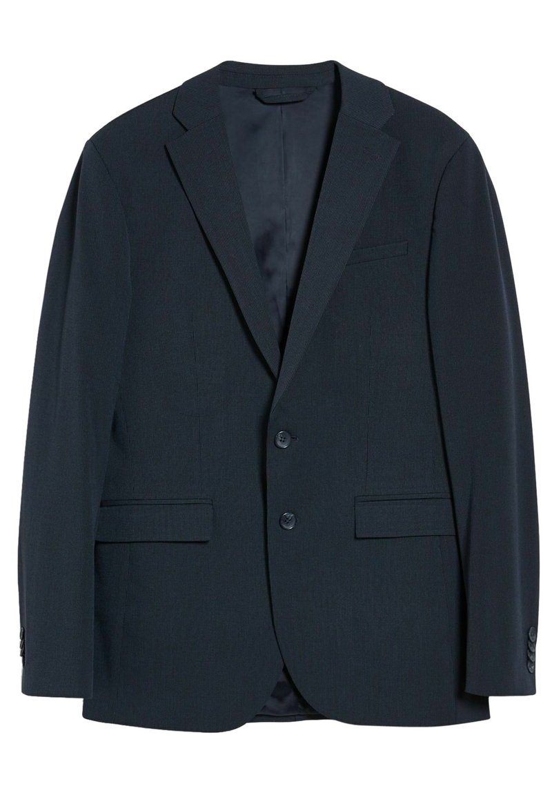 Dunkelblaues Blazer aus strukturiertem Stoff, mit Reverskragen, Zwei-Knopf-Verschluss und zwei Vordertaschen sowie einer einzelnen Brusttasche.