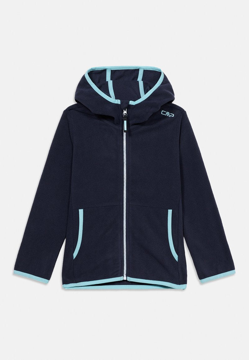 Marineblaue Fleecejacke mit Reißverschluss und Kapuze, hellblaue Einfassung an Taschen, Bündchen, Saum und Kapuzenrand, CMP-Logo auf der Brust.