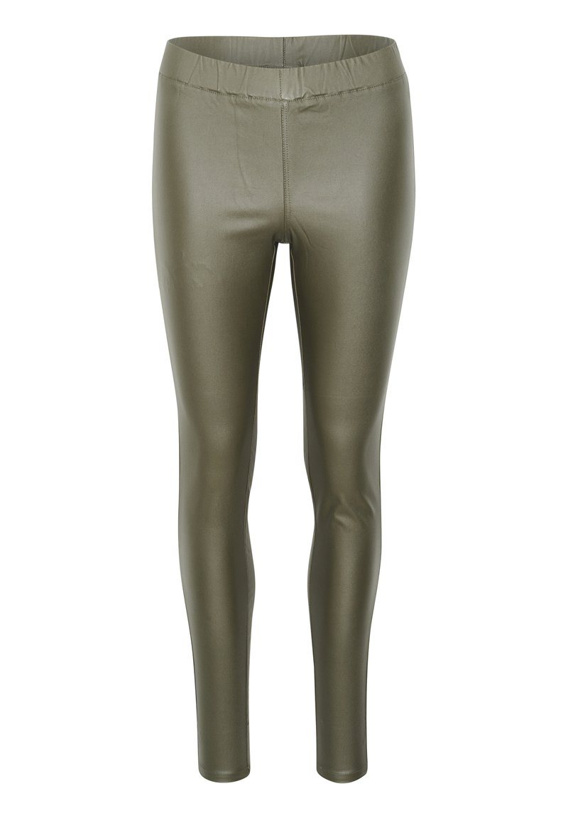 Olivgrüne, hoch-taillierte Leggings aus glänzendem, elastischem Material mit einer glatten Textur und einer figurbetonten Silhouette, ausgestattet mit einem elastischen Bund.