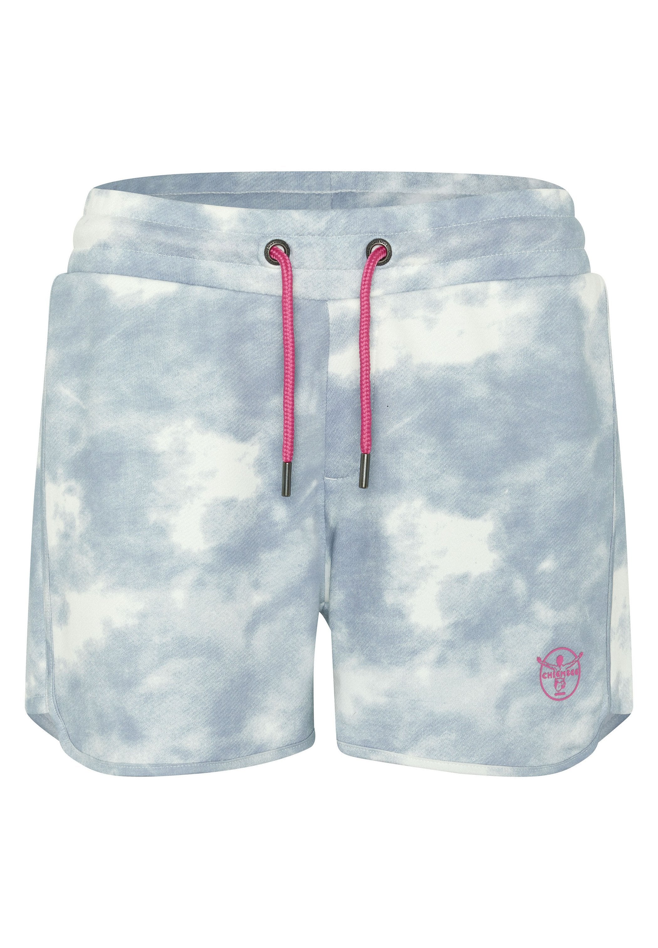 Himmelblaue Batik-Shorts mit weicher Textur, elastischem Bund und pinkem Kordelzug. Auf der unteren linken Seite befindet sich ein pinkes Logo.