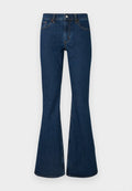 Dunkelblaue Denim-Flared-Jeans mit tailliertem Schnitt, Knopfverschluss, fünf Taschen und kontrastierenden Nähten entlang der Nähte.