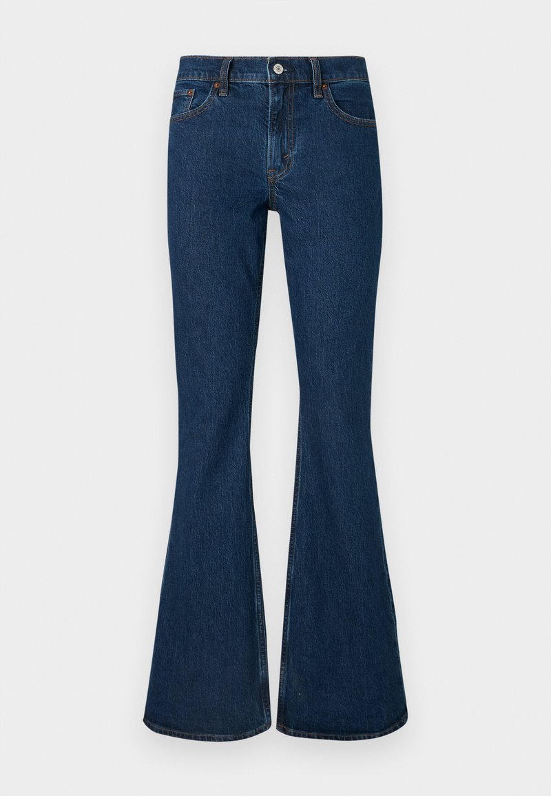 Dunkelblaue Denim-Flared-Jeans mit tailliertem Schnitt, Knopfverschluss, fünf Taschen und kontrastierenden Nähten entlang der Nähte.