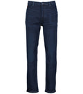 Dunkelblaue Jeans aus Denim mit geradem Bein, im Fünf-Taschen-Stil und einer dezenten, verblassten Textur auf dem Stoff.