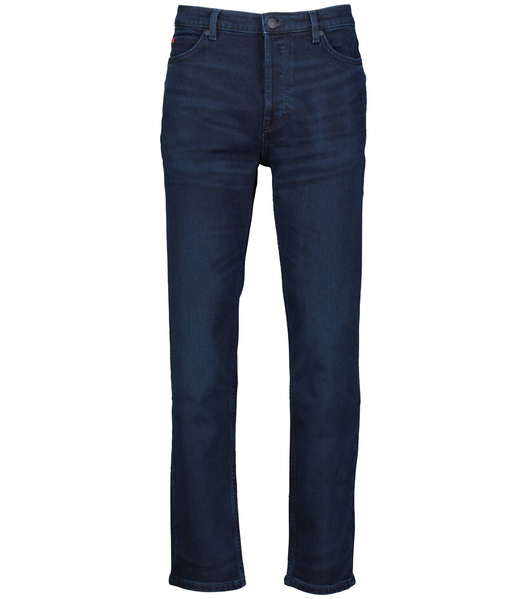 Dunkelblaue Jeans aus Denim mit geradem Bein, im Fünf-Taschen-Stil und einer dezenten, verblassten Textur auf dem Stoff.