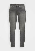 Dunkelgraue Skinny-Jeans aus Denim. Verfügt über ein klassisches Fünf-Taschen-Design, metallische Beschläge und dezente Verbleichungen im Stoff für eine interessante Textur.