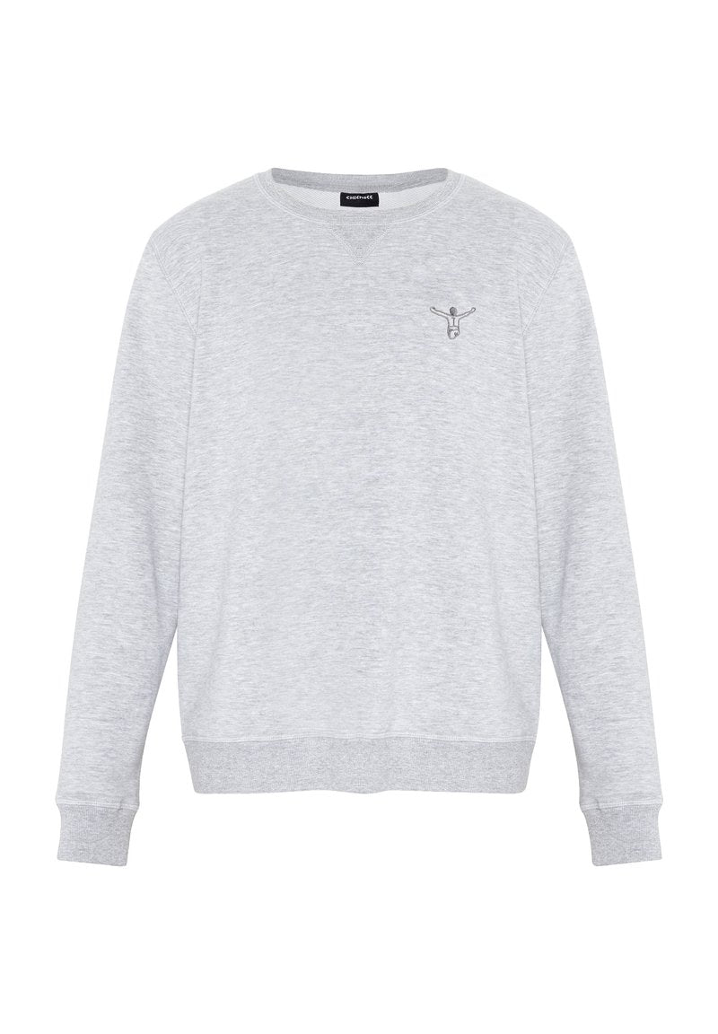 Hellgraues Sweatshirt mit Rundhalsausschnitt und langen Ärmeln, mit einer kleinen dunkelgrauen, gestickten Figur mit erhobenen Armen auf der linken Brust.
