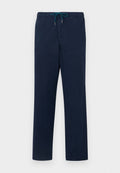 Hosen mit elastischem Bund in Marineblau und tealfarbendem Kordelzug, mit geradem Bein und glatter Textur.