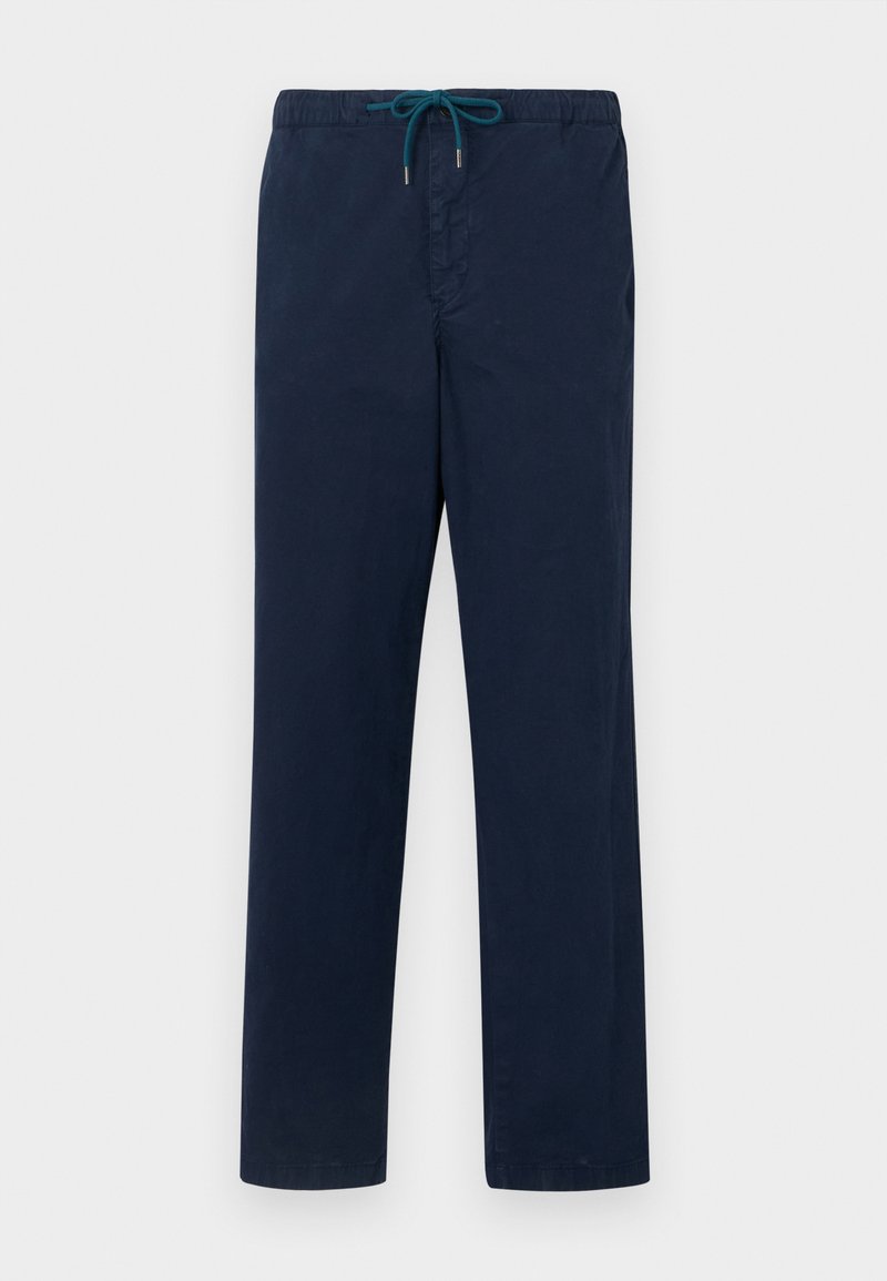 Hosen mit elastischem Bund in Marineblau und tealfarbendem Kordelzug, mit geradem Bein und glatter Textur.