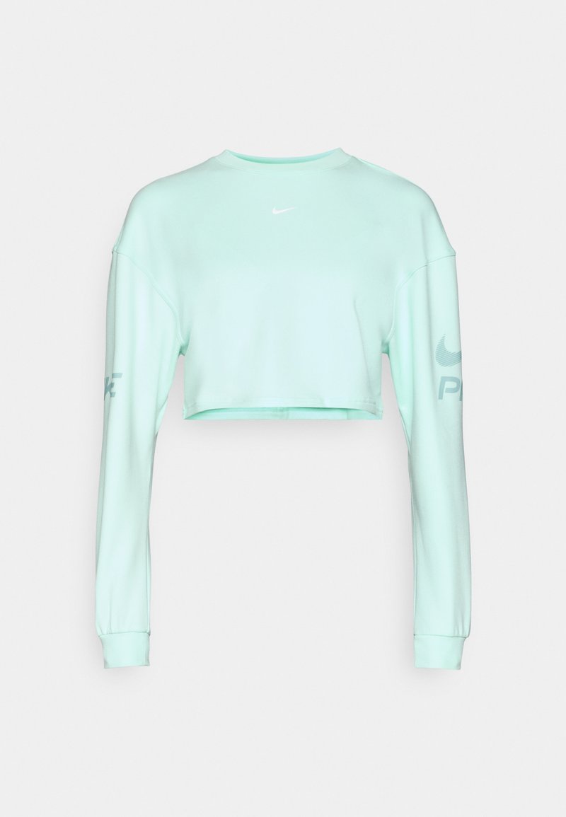 Minzgrüner, kürzer geschnittener Sweatshirt mit langen Ärmeln, rundem Ausschnitt und kleinem weißen Nike-Logo auf der Brust und am Arm.