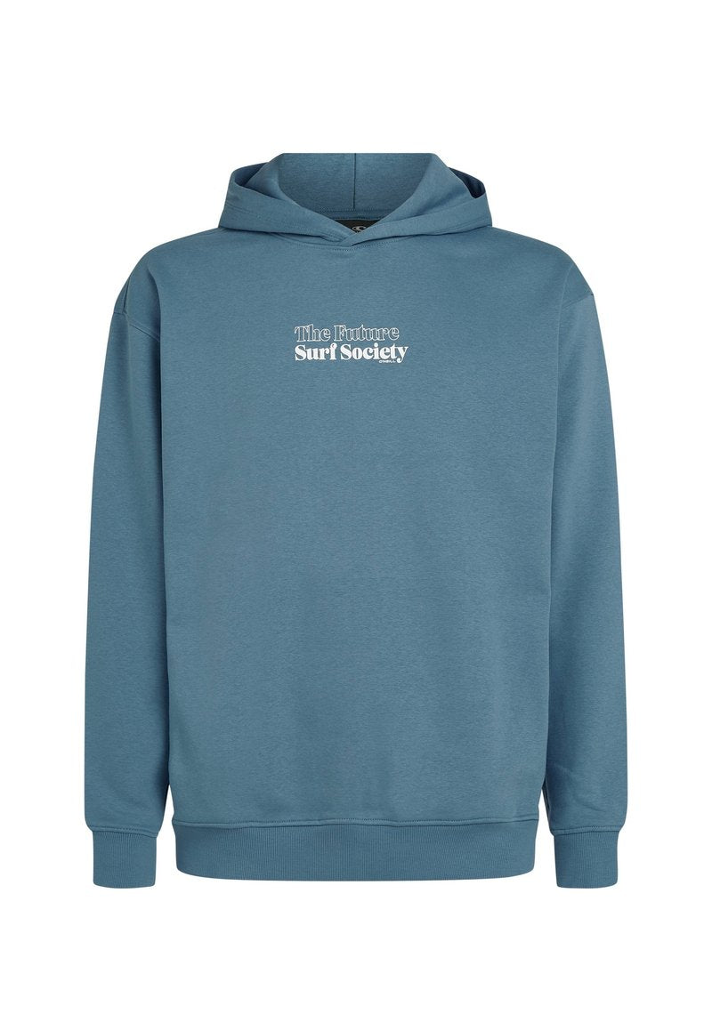 Kapuzensweatshirt in gedämpftem Blau, mit weicher Textur, gerippten Bündchen und Saum sowie weißem Text auf der Vorderseite, der "The Future Surf Society" liest.