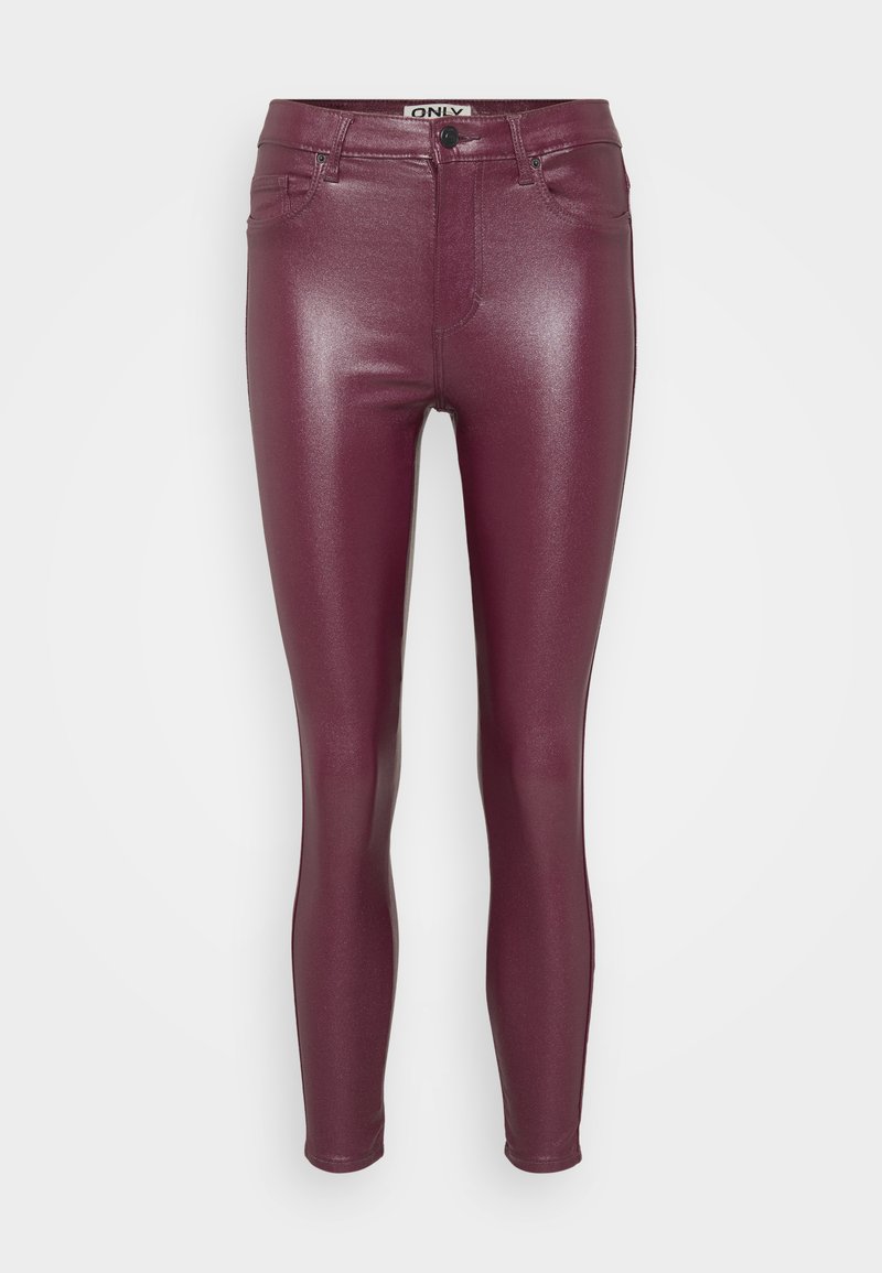 Burgunderfarbene Skinny-Jeans aus Kunstleder mit glänzendem Finish, ausgestattet mit einem normalen Taillenbund, frontalen Taschen und einer enganliegenden Passform entlang der Beine.