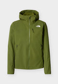 Grüne Softshelljacke mit Kapuze, durchgehendem Frontreißverschluss, drei Reißverschlusstaschen und weißem The North Face Logo auf der Brust.