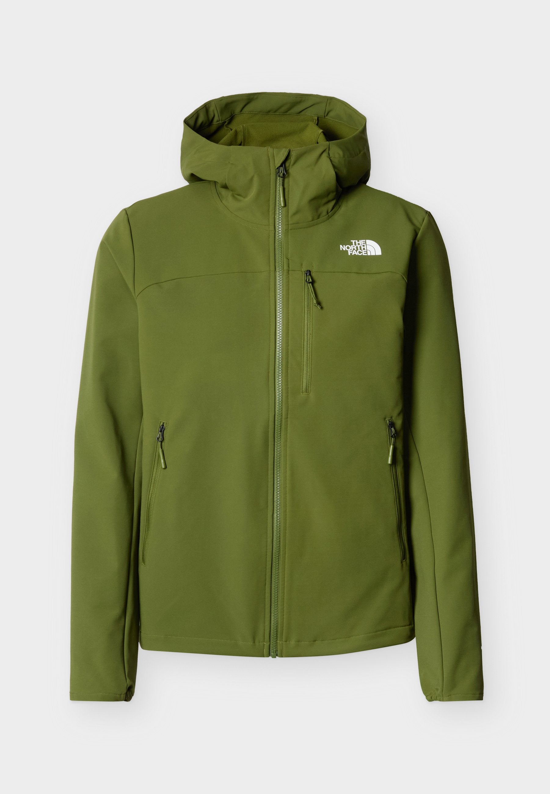 Grüne Softshelljacke mit Kapuze, durchgehendem Frontreißverschluss, drei Reißverschlusstaschen und weißem The North Face Logo auf der Brust.