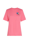 Kurzärmliges, pinkes Baumwoll-T-Shirt mit einem blauen Stern und gelbem Grafikdesign. Klassische Passform mit Rundhalsausschnitt. Weicher Stoff.