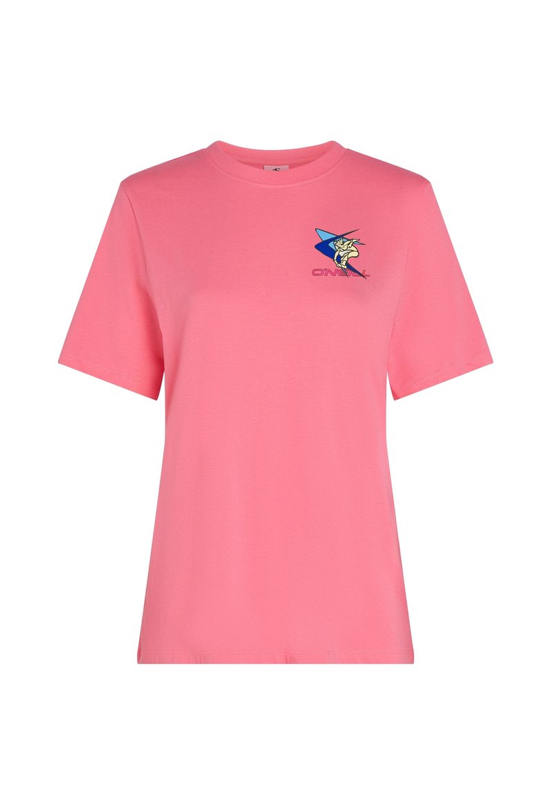 Kurzärmliges, pinkes Baumwoll-T-Shirt mit einem blauen Stern und gelbem Grafikdesign. Klassische Passform mit Rundhalsausschnitt. Weicher Stoff.