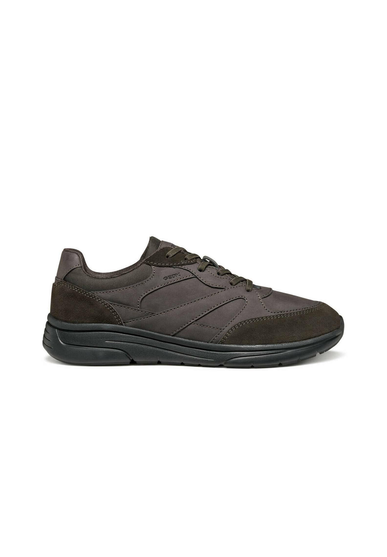 Dunkelgrauer Sportschuh aus glattem Leder und Wildleder, mit runder Zehenpartie, Schnürdesign und einer strukturierten Gummisohle.