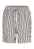 Gestreifte Shorts in Creme und Grau, ausgestattet mit einem Kordelzugbund, leichtem Stoff und einem lockeren Schnitt mit abgerundeten Säumen.