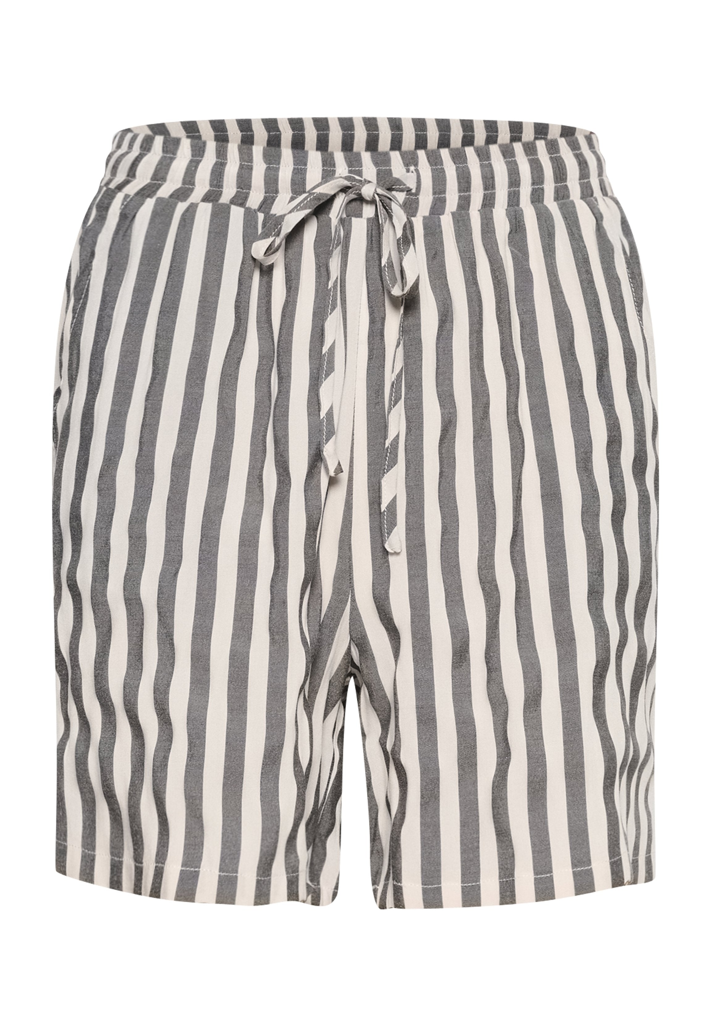 Gestreifte Shorts in Creme und Grau, ausgestattet mit einem Kordelzugbund, leichtem Stoff und einem lockeren Schnitt mit abgerundeten Säumen.