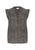 Schwarze ärmellose Bluse mit einem strukturierten weißen Muster, ausgestattet mit einer durchgehenden Knopfleiste und Volantsäulen. Leichter Stoff.